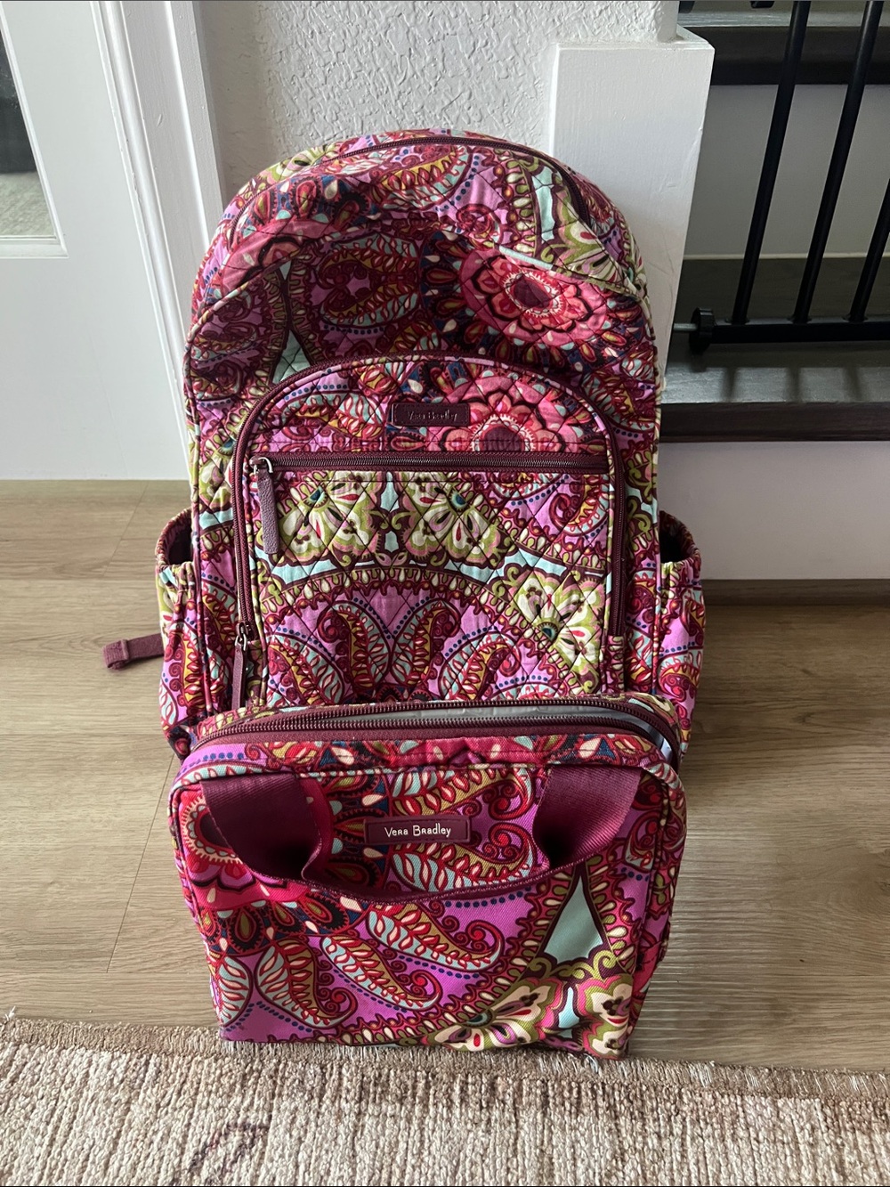 Vera Bradley Pink Paisley Quilted Back pack and Lunch box, Multi-Color Accents
